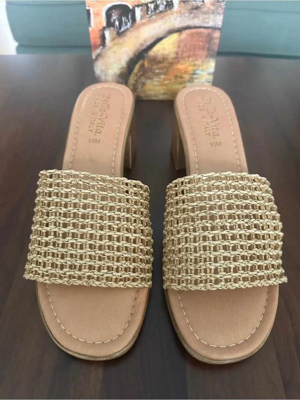 Bella Vita Woven Mule Sandals in Natural Tan & Gold